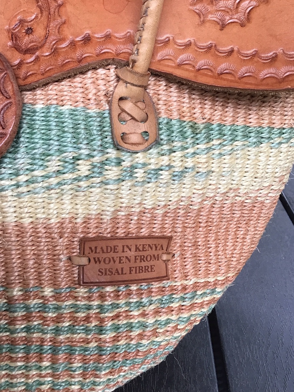 Made in Kenya Woven From Sisal Fibre Tote with Leather Trim - Tan & Green Coral - Picture 3 of 16